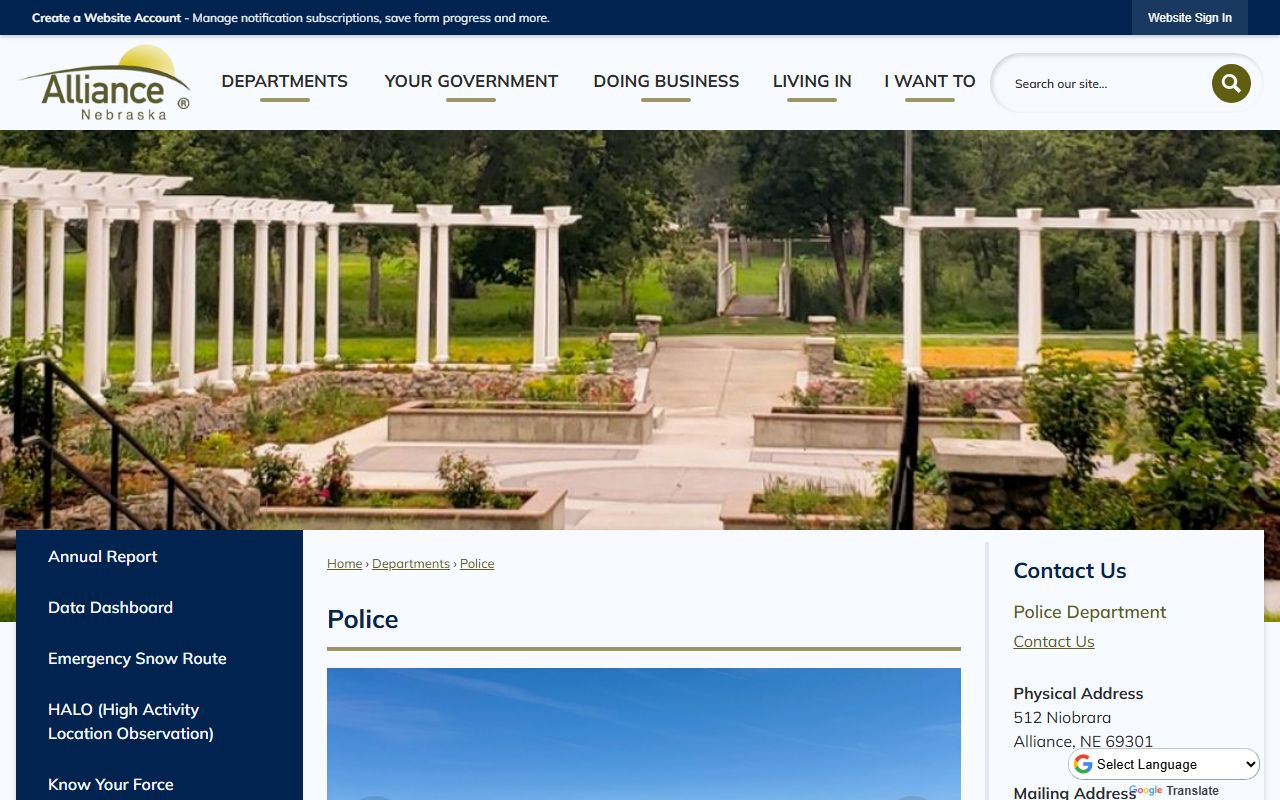 Alliance Police Department contact and records routing page