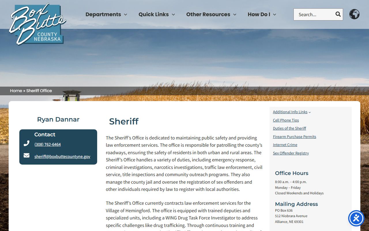 Box Butte County inmate population sheriff office jail contact page