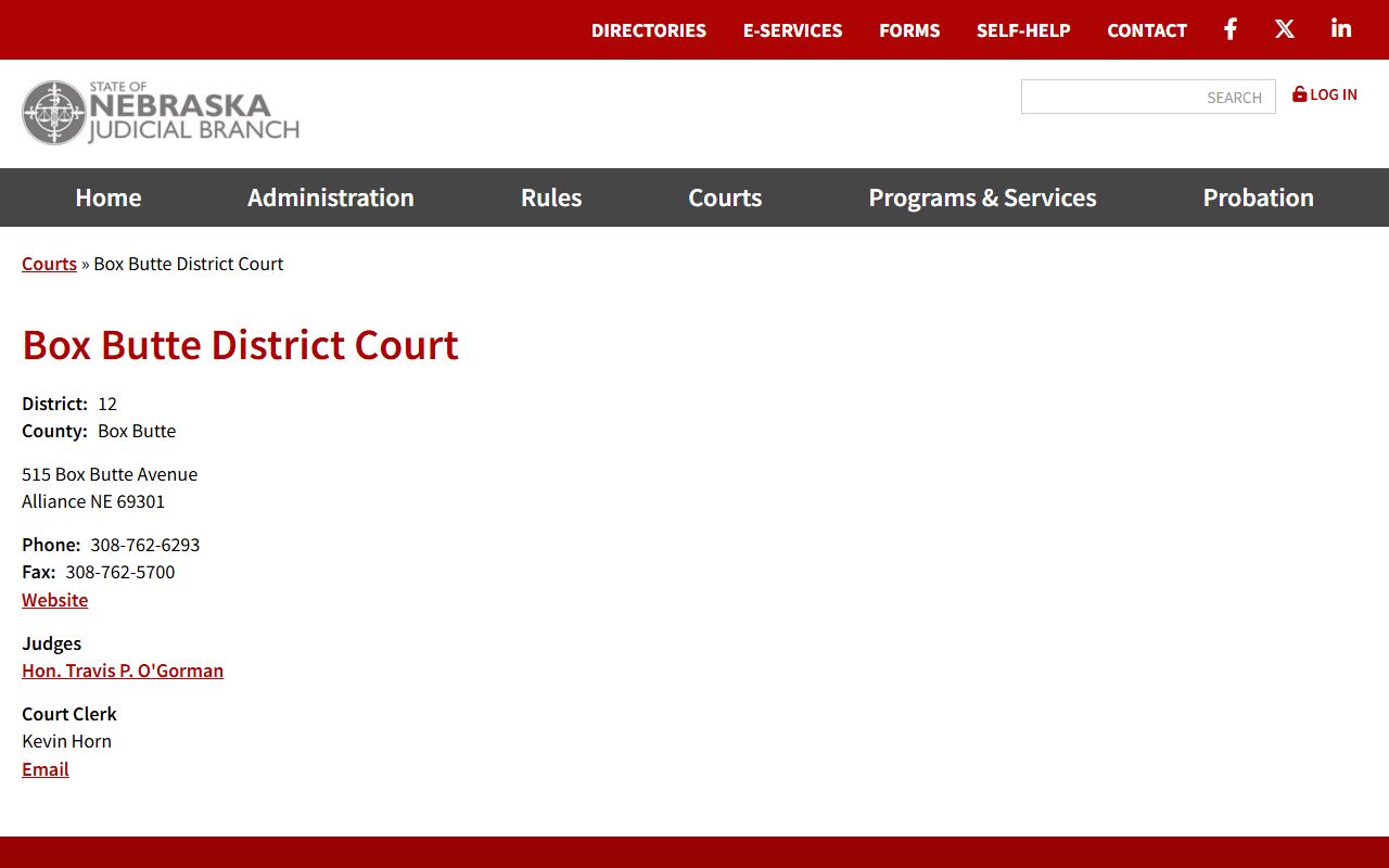 Nebraska Judicial Branch listing for Box Butte District Court