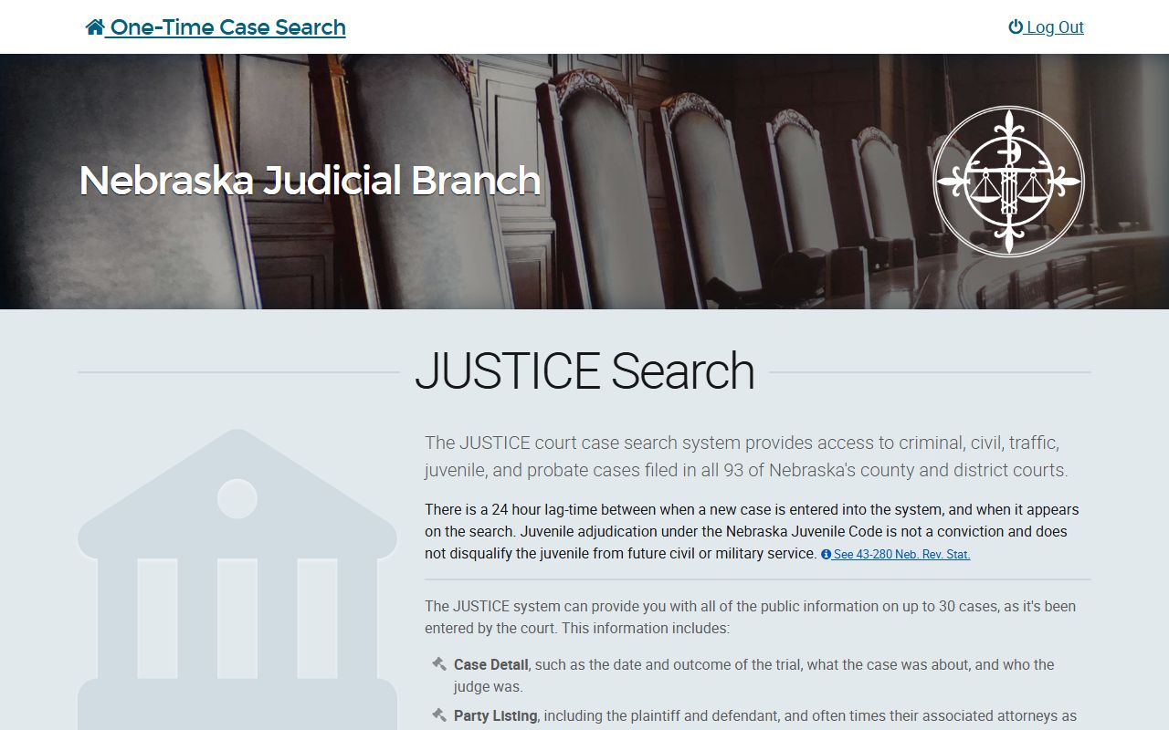 Nebraska JUSTICE one-time case search screen